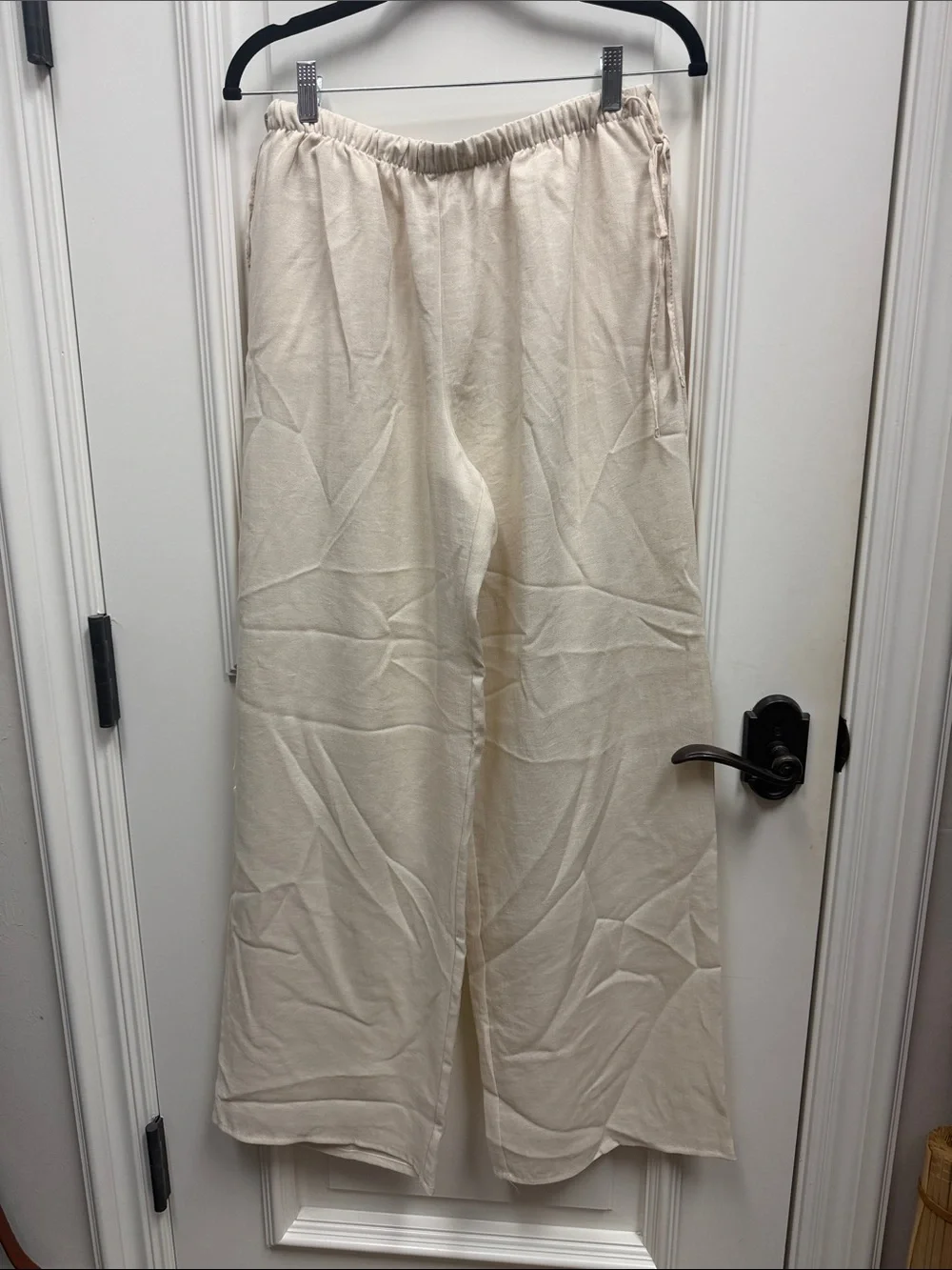 Zara Wide Leg Drawstring linen low rise side tie Cream ecru khaki trouser pants